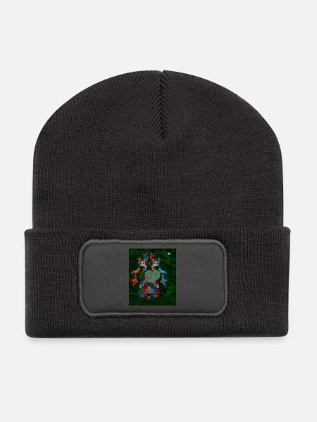 Märchenhaftes Design mit Herz und Blüten  - Recycelte Patch Beanie - Dunkelgrau