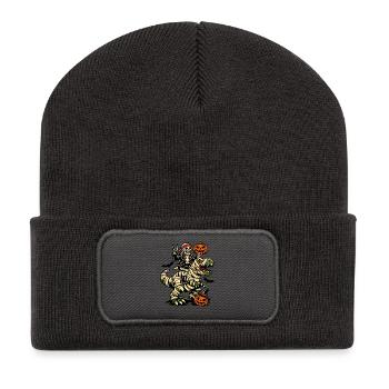 Skelett reitet Dino Halloween Kostüm Dinosaurier - Recycelte Patch Beanie - Dunkelgrau - Vorne