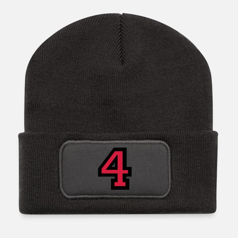 Zahl 4 - Nummer 4 (Rot) Nr. 4 - Recycelte Patch Beanie - Dunkelgrau