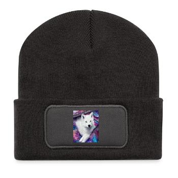 Vivid White Wolf pup with Colourful Background - Recycled Patch Beanie - dark grey - Front