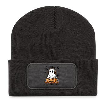 cool ghost with headphones on halloween pumpkin - Recycled Patch Beanie - dark grey - Front