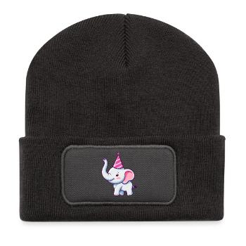 Süßer glücklicher Elefant mit Partyhut - Geburtstag - Recycelte Patch Beanie - Dunkelgrau - Vorne