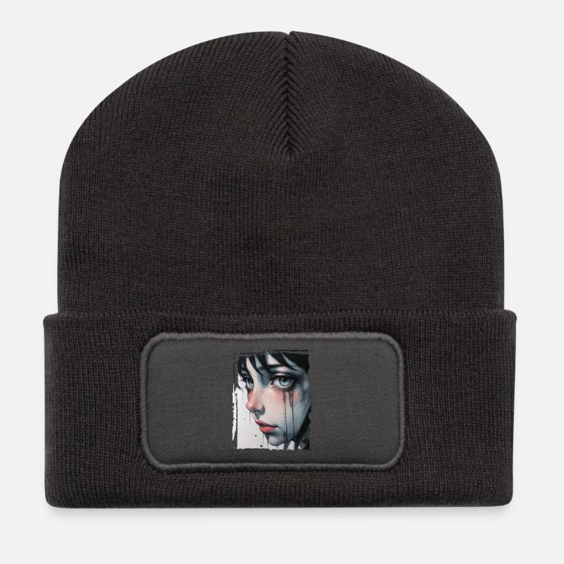 Anime Mädchen mit Tränen - Recycelte Patch Beanie - Dunkelgrau
