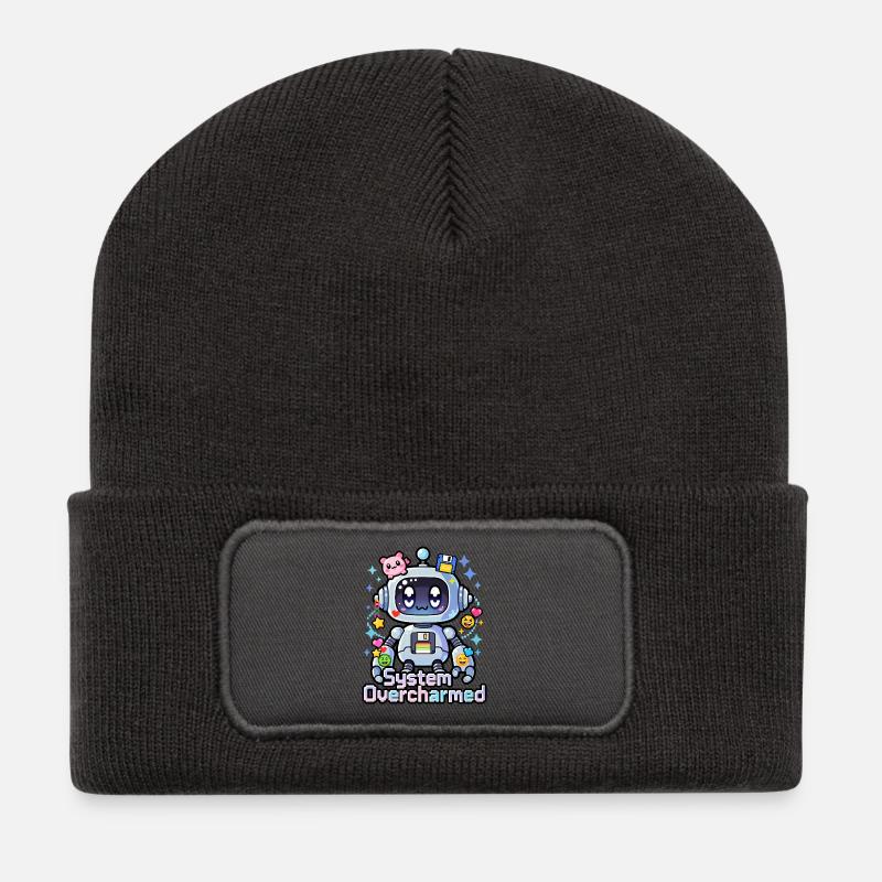 🤖 - Système surcharmé – Robot avec des breloques numériques - Beanie recyclé à patch - charbon