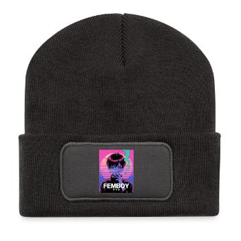Vaporwave Femboy mit Glitch-Style - Recycelte Patch Beanie - Dunkelgrau - Vorne