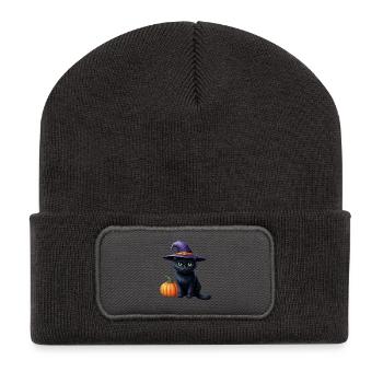 Witch cat with pumpkin - Recycled Patch Beanie - dark grey - Front