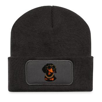 Dachshund in Bling Sunglasses - Recycled Patch Beanie - dark grey - Front