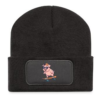 Skateur cartoon drôle de cochon patinant sur skateboard - Beanie recyclé à patch - charbon - Devant