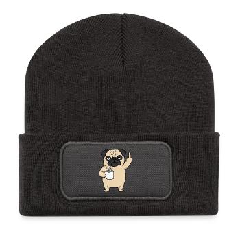 Carlin agacé avec un doigt d’honneur au café - Beanie recyclé à patch - charbon - Devant