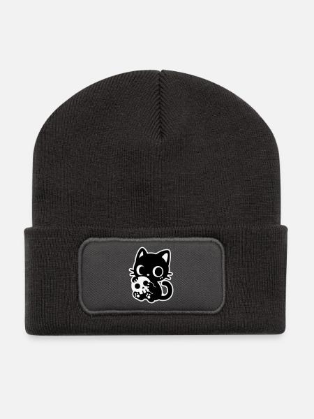 Cute Scary Cat with Skull | Kawaii Spooky Mot - Recycled Patch Beanie - dark grey