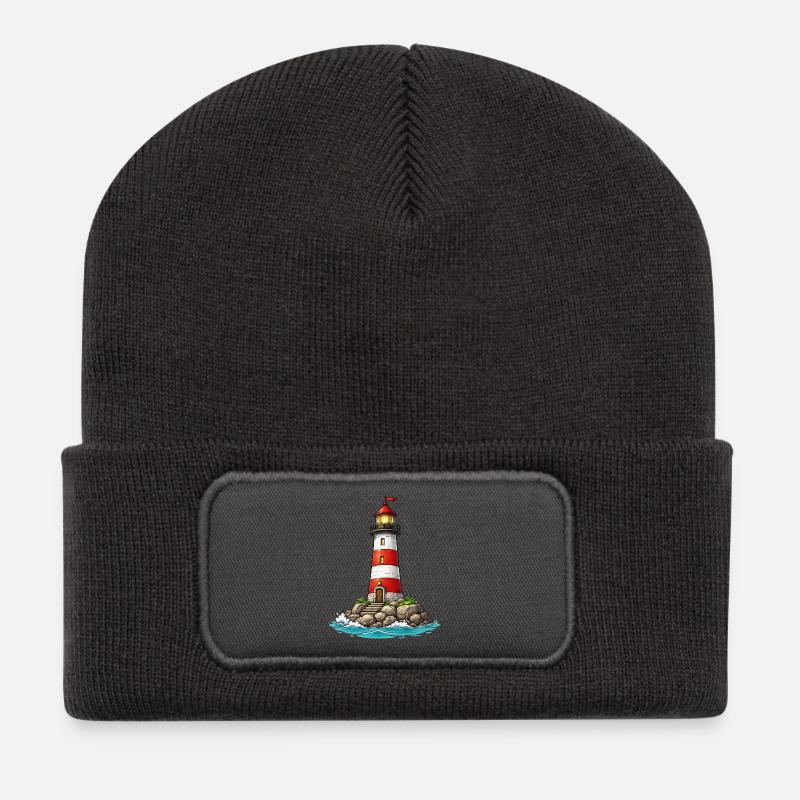 Leuchtturm mit roten Streifen - Recycelte Patch Beanie - Dunkelgrau