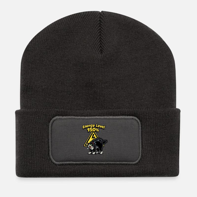 Energielevel 150% Geladene Katze - Recycelte Patch Beanie - Dunkelgrau
