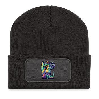 Surf Alligator mit Boombox und Surfboard Cartoon - Recycelte Patch Beanie - Dunkelgrau - Vorne