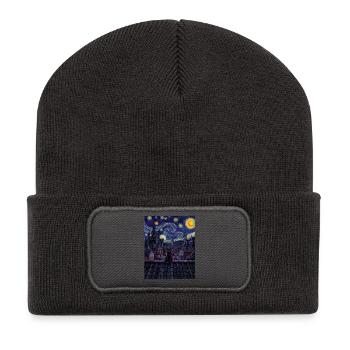 Mitternachtskatze über wirbelnder Skyline - Recycelte Patch Beanie - Dunkelgrau - Vorne