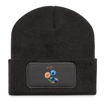 Biene im Stickerei-Look Blume Geschenk - Recycelte Patch Beanie - Dunkelgrau - Vorne