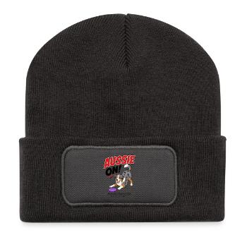 Aussie On! Illustration eines Australian Shepherd - Recycelte Patch Beanie - Dunkelgrau - Vorne