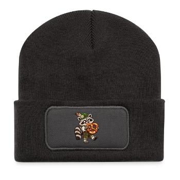 Waschbär mit Brezel  - Recycelte Patch Beanie - Dunkelgrau - Vorne