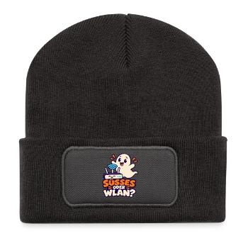 Halloween-Geist – Süßes oder WLAN? - Recycelte Patch Beanie - Dunkelgrau - Vorne