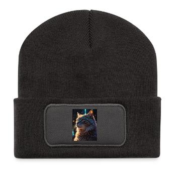 Sternenpfote: Neon-Katze im Licht - Recycelte Patch Beanie - Dunkelgrau - Vorne