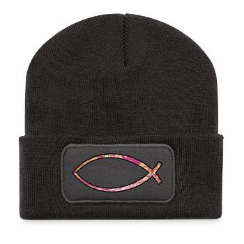 Poisson Ichtus (diamant, rose) - Beanie recyclé à patch - charbon - Devant