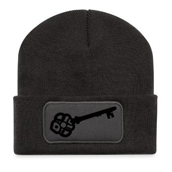 Verzierte Skelettschlüssel-Silhouette - Recycelte Patch Beanie - Dunkelgrau - Vorne