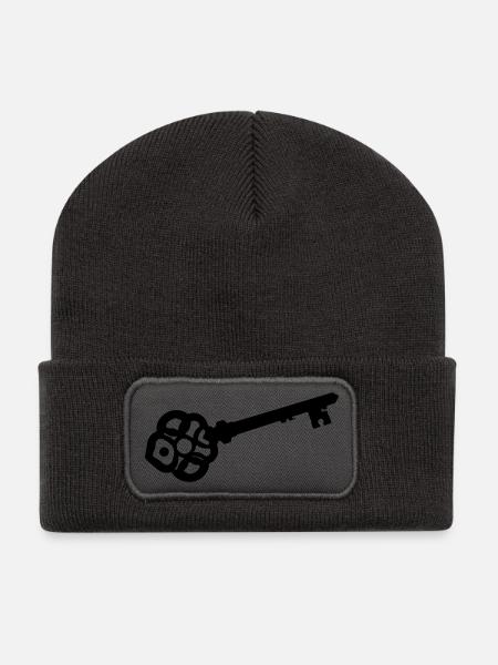 Verzierte Skelettschlüssel-Silhouette - Recycelte Patch Beanie - Dunkelgrau