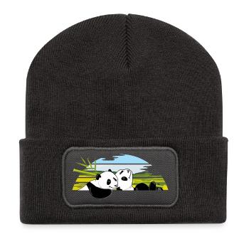 Zwei glückliche Panda-Junge mit einem Bambusast - Recycelte Patch Beanie - Dunkelgrau - Vorne