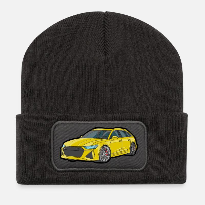 Gelber Sportwagen-Illustration - Recycelte Patch Beanie - Dunkelgrau