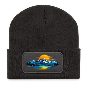 Berg ,See Sonnenuntergang Panorama - Recycelte Patch Beanie - Dunkelgrau - Vorne