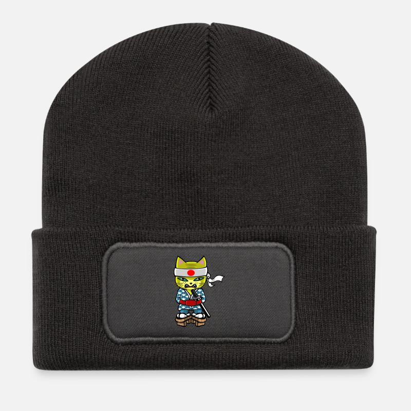 Chat japonais - Beanie recyclé à patch - charbon