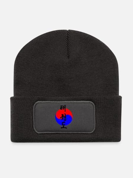 Taekwondo coréen écrit en cercle drapeau coréen - Beanie recyclé à patch - charbon