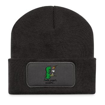 Rock paper scissors T-rex lustig Dinosaurier Komet - Recycelte Patch Beanie - Dunkelgrau - Vorne