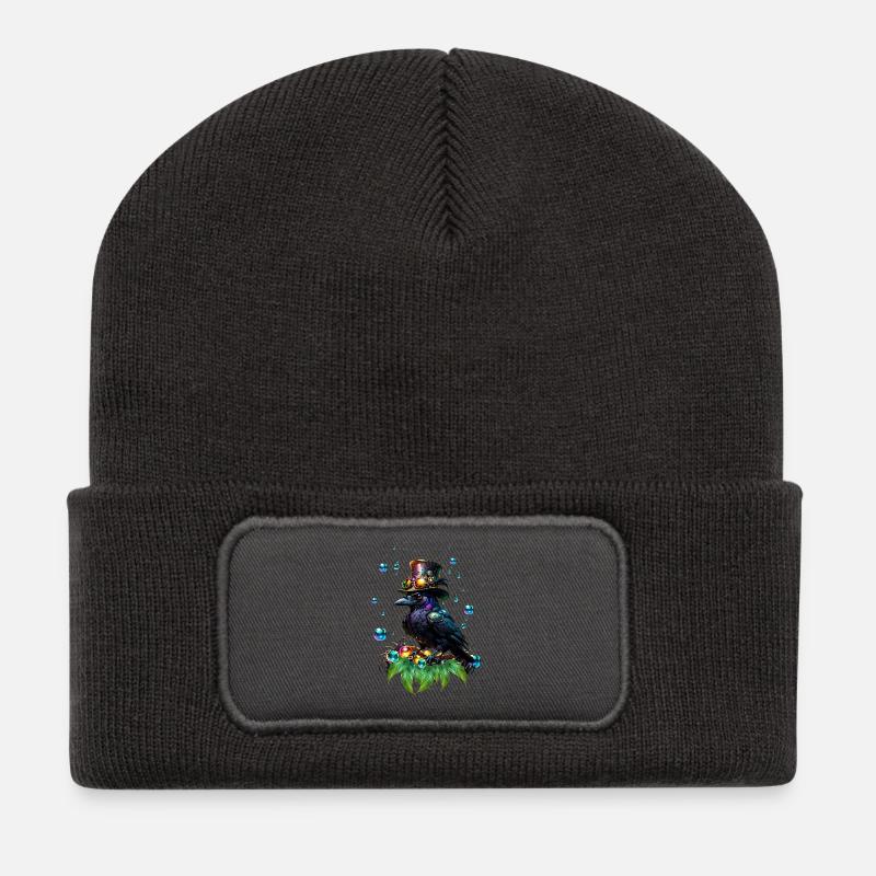 Fantastischer Steampunk-Rabe - Recycelte Patch Beanie - Dunkelgrau