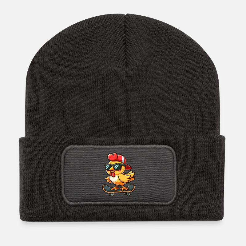 Huhn Henne Hahn Skateboard Comic Cartoon - Recycelte Patch Beanie - Dunkelgrau