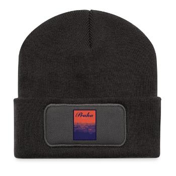 Praha Farbverlauf Stadtlandschaft - Recycelte Patch Beanie - Dunkelgrau - Vorne