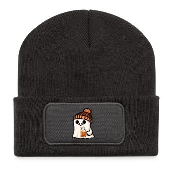 Halloween Geist Mütze Kürbis Tee Kaffee Herbst süß - Recycelte Patch Beanie - Dunkelgrau - Vorne