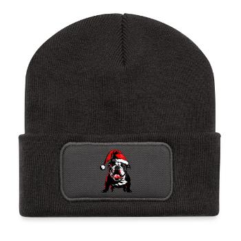 Mignon Frenchie avec chapeau de Père Noël - Beanie recyclé à patch - charbon - Devant