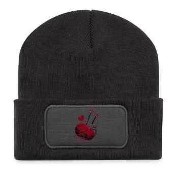 Wool, Knitting Needles and Hearts – Handmade Fan - Recycled Patch Beanie - dark grey - Front