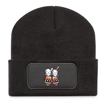 Hase Vogel Küken 2 Freunde große Ostereier riesig - Recycelte Patch Beanie - Dunkelgrau - Vorne