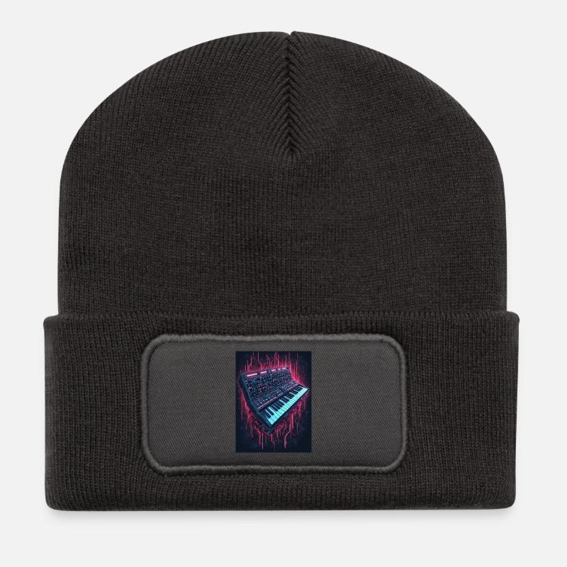 Neon Synthesizer Musikdesign - Recycelte Patch Beanie - Dunkelgrau