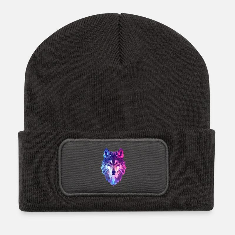 Geometrischer Wolf in Neonfarben - Recycelte Patch Beanie - Dunkelgrau
