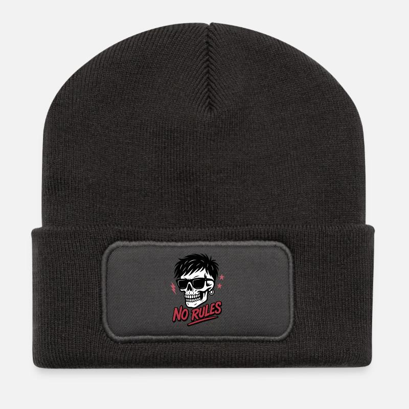 Ausgefallener Totenkopf mit Sonnenbrille und ohne Regeln Text - Recycelte Patch Beanie - Dunkelgrau