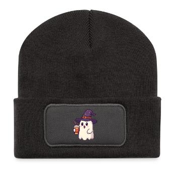 Pixel Ghost with Magic Hat & Pumpkin Spice Latte - Recycled Patch Beanie - dark grey - Front