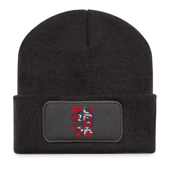 Schnurren Liebeskatze mit Wollknäuel - Recycelte Patch Beanie - Dunkelgrau - Vorne
