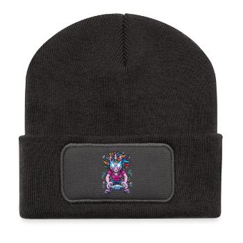 Neon Unicorn Gaming mit Kopfhörern - Recycelte Patch Beanie - Dunkelgrau - Vorne