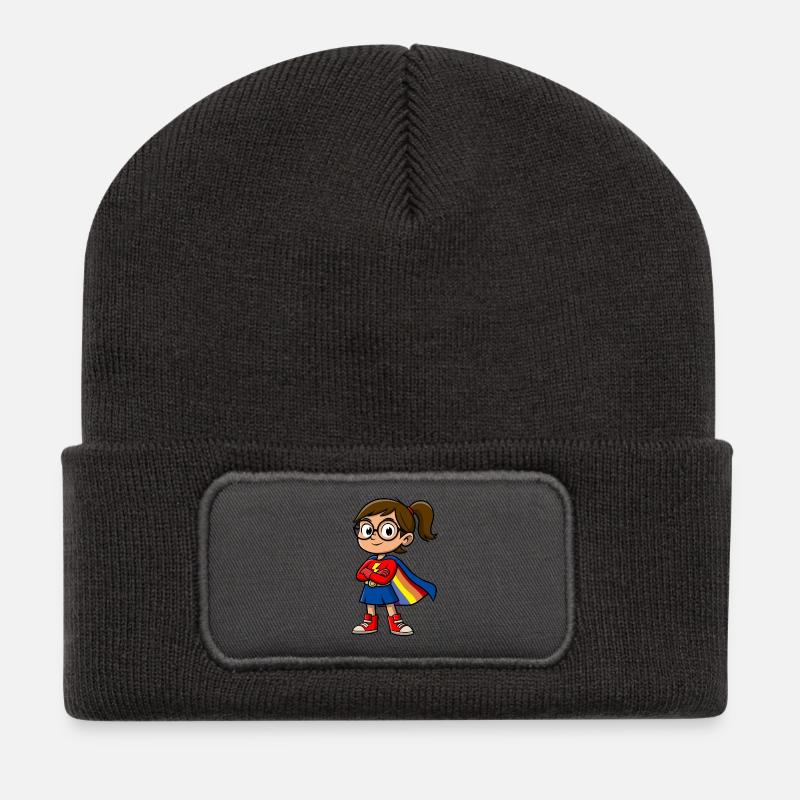 Kleine Superheldin mit Brille - Recycelte Patch Beanie - Dunkelgrau