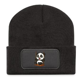 Cute Panda on the Swing Cartoon Playground - Recycled Patch Beanie - dark grey - Front