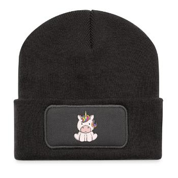 Niedliche magische Einhorn-Kawaii-Regenbogenpony-Zeichentrickserie - Recycelte Patch Beanie - Dunkelgrau - Vorne