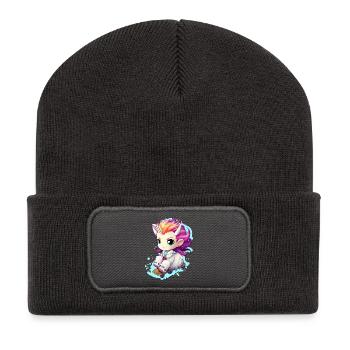 Rainbow Unicorn on skateboard - Recycled Patch Beanie - dark grey - Front