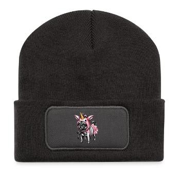 Illustration de costume de Pugicorn Carlin licorne - Beanie recyclé à patch - charbon - Devant